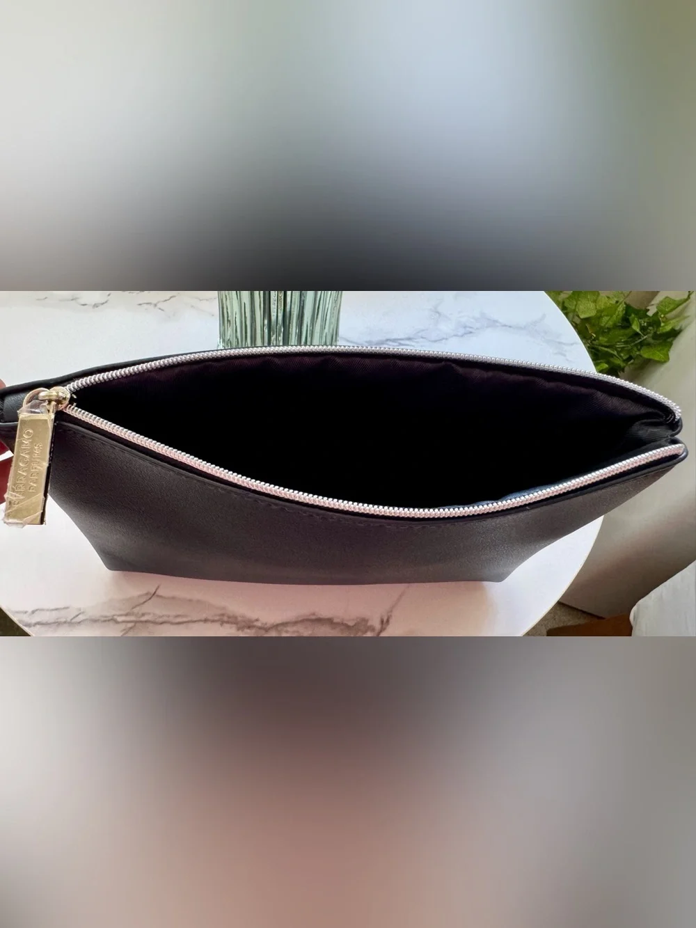 Salvatore Ferragamo navy Leather Cosmetic Pouch with Silver Plaque